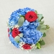 This bouquet feels like a fresh summer breeze gathered into a hand-tied arrangement: large, saturated cobalt-blue hydrangea heads form soft, pillowy clouds at the centre, their countless tiny petals catching a gentle natural light so they glow with a cool, open-sky calm. Nestled among those blue masses, deep red roses unfurl in lush, velvety spirals-each rose a concentrated heartbeat of passion and drama against the soothing blue. Delicate white gypsophila threads through the composition like tossed confetti or early-morning dew, its tiny starry blooms adding innocence and airiness to the heavier forms. Arcing eucalyptus leaves introduce a silvery-green counterpoint, matte and aromatic, their subtle herbal scent lifting the bouquet and giving it structure. The overall palette is crisp and patriotic yet poetic; textures range from the plush density of hydrangea to the sculpted softness of roses and the feathery whisper of baby's breath. Photographed in soft daylight, the arrangement shows depth: foreground blooms lean slightly forward while greens and filler recede, creating movement that invites touch. This design is balanced for occasions of joy-a bridesmaid's posy, an anniversary gift, or a celebratory table centerpiece-radiating confidence, tenderness, and a promise of fresh beginnings. As a local piece inspired by Highgate's green corners and village markets, the bouquet carries a feeling of neighbourhood craftsmanship: carefully selected stems, attention to scent and silhouette, and a tidy hand-tied finish that feels both elegant and alive.